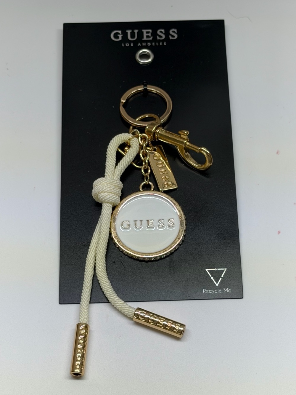 GUESS Gold & Cream Logo Keyring with Charm